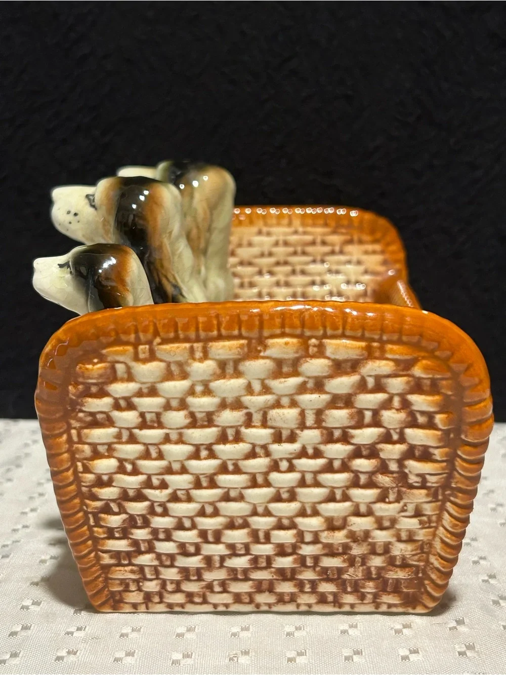 Vintage Napco Spaniel Dog Family Wicker Basket Planter